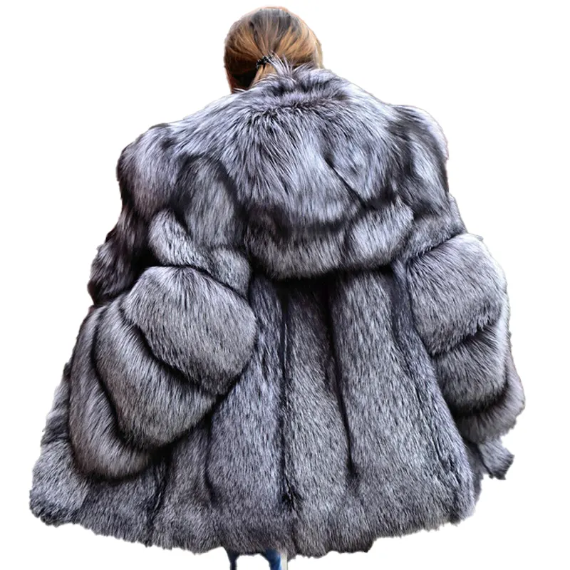 Luxury Silver Fluffy Hooded Fur Coat - Image 3