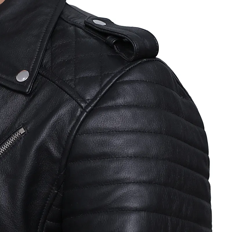 Men's Black Brando Diamond Design Motorcycle Leather Jacket - Image 5