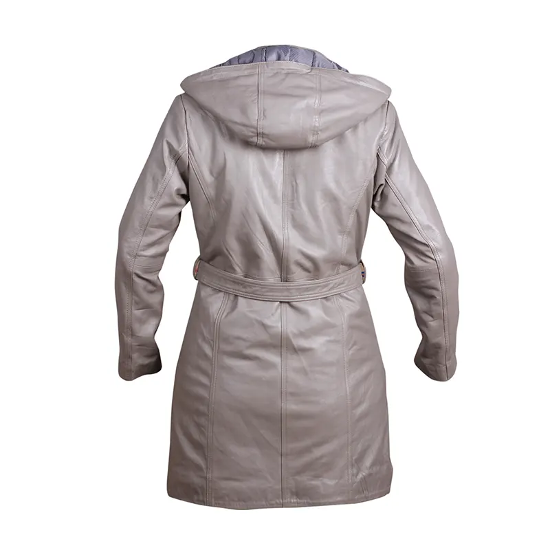 Women's Grey Hooded Leather Overcoat With Belt - Image 5