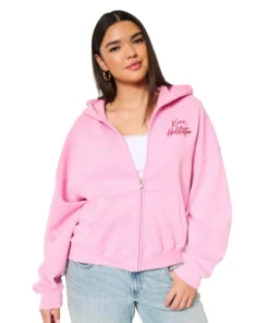 Hollister Girls Feel Good Easy Zip-Up Xoxo Graphic Hoodie
