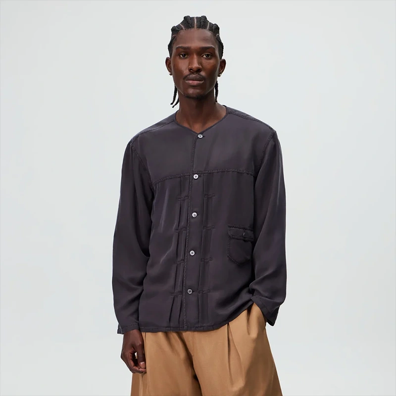 &Kin Garment Dyed Silk Collarless Yardley Shirt - Image 5