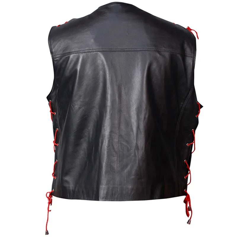 Women Long Cut Black Leather Motorcycle Vest - Image 4