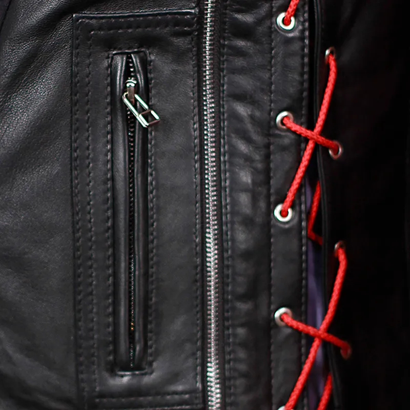 Women Long Cut Black Leather Motorcycle Vest - Image 5