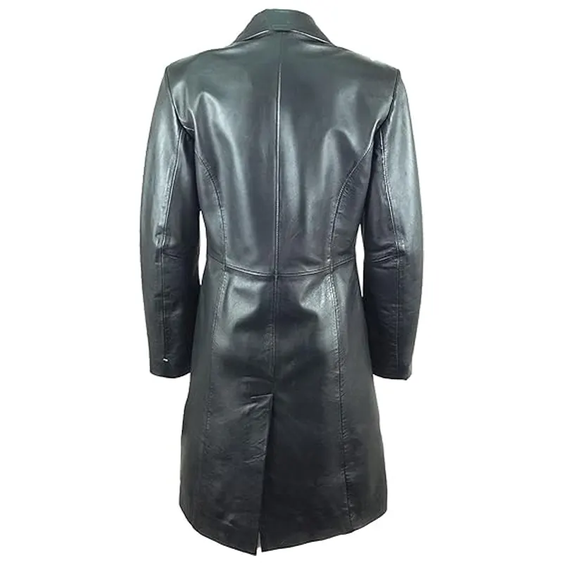 Black Single Breasted Leather Trench Coat - Image 2