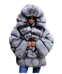 Luxury Silver Fluffy Hooded Fur Coat