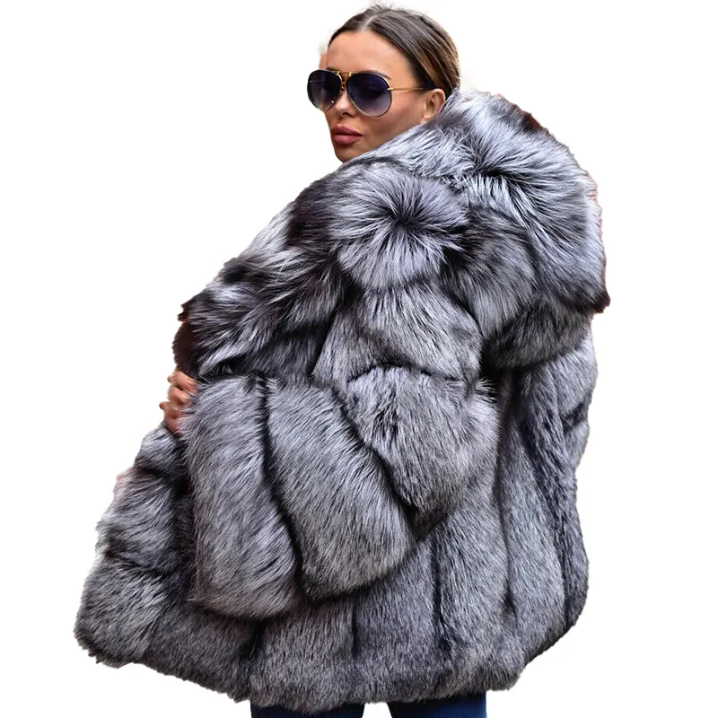 Luxury Silver Fluffy Hooded Fur Coat - Image 2