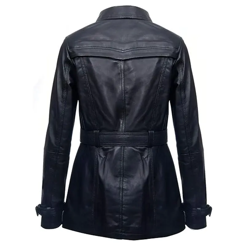 Black Mid Length Leather Overcoat - Image 3