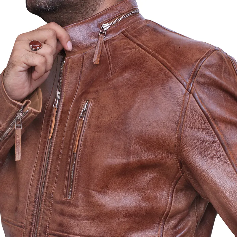Men's Brown Vintage Cafe Racer Style Leather Jacket - Image 4