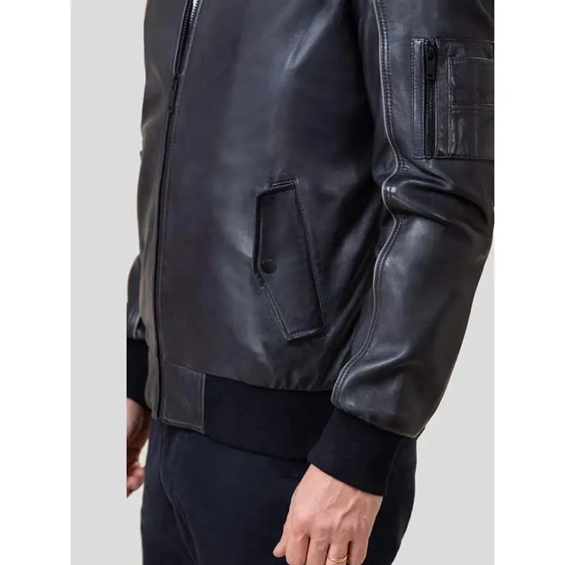 Men Black Leather Bomber Jacket - Image 3
