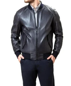 Men Black Leather Bomber Jacket