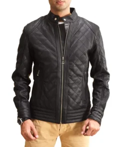 Men Black Leather Quilted Jacket