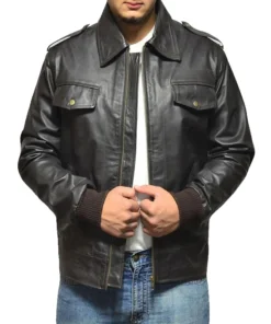 Willy Black Bomber Leather Jacket For Men