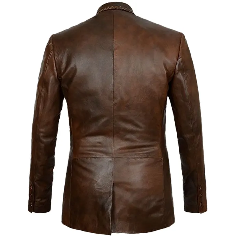 Men Dark Brown Stylish Leather Blazer - Image 2