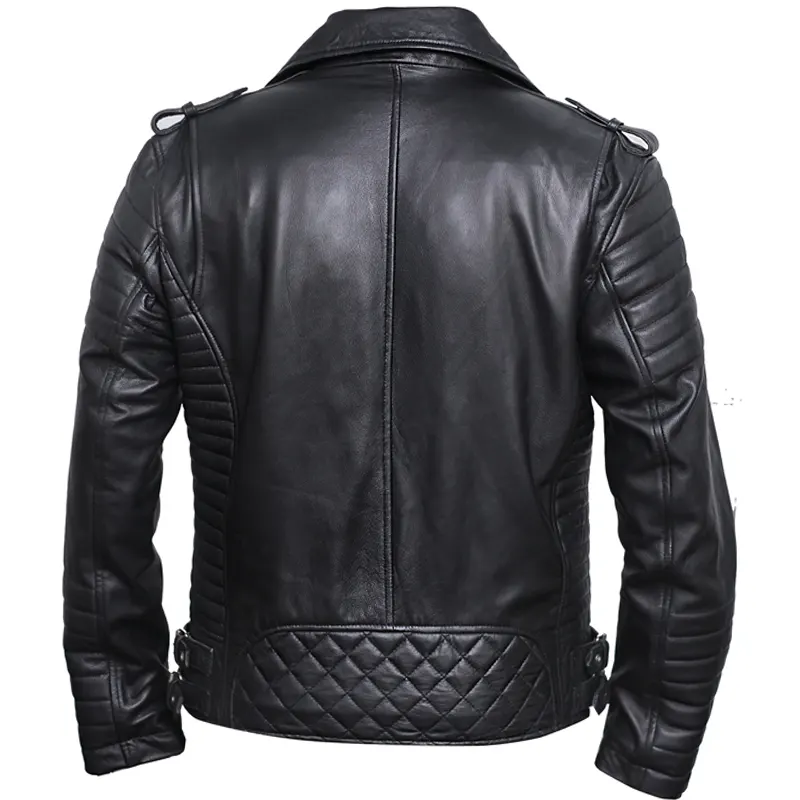 Men's Black Brando Diamond Design Motorcycle Leather Jacket - Image 3