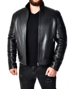 Men Padded Black Leather Biker Jacket