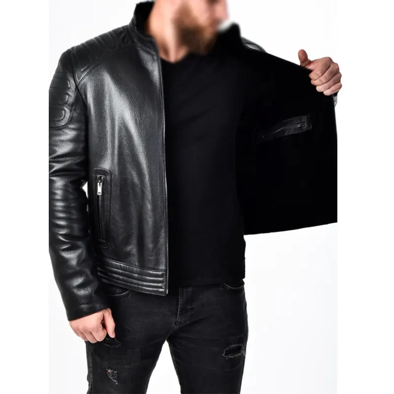 Men Padded Black Leather Biker Jacket - Image 4