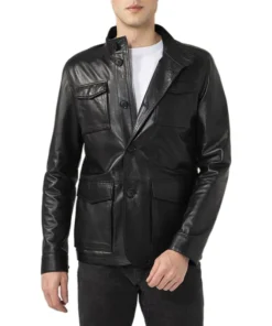 Men's Flap Pockets Black Leather Jacket