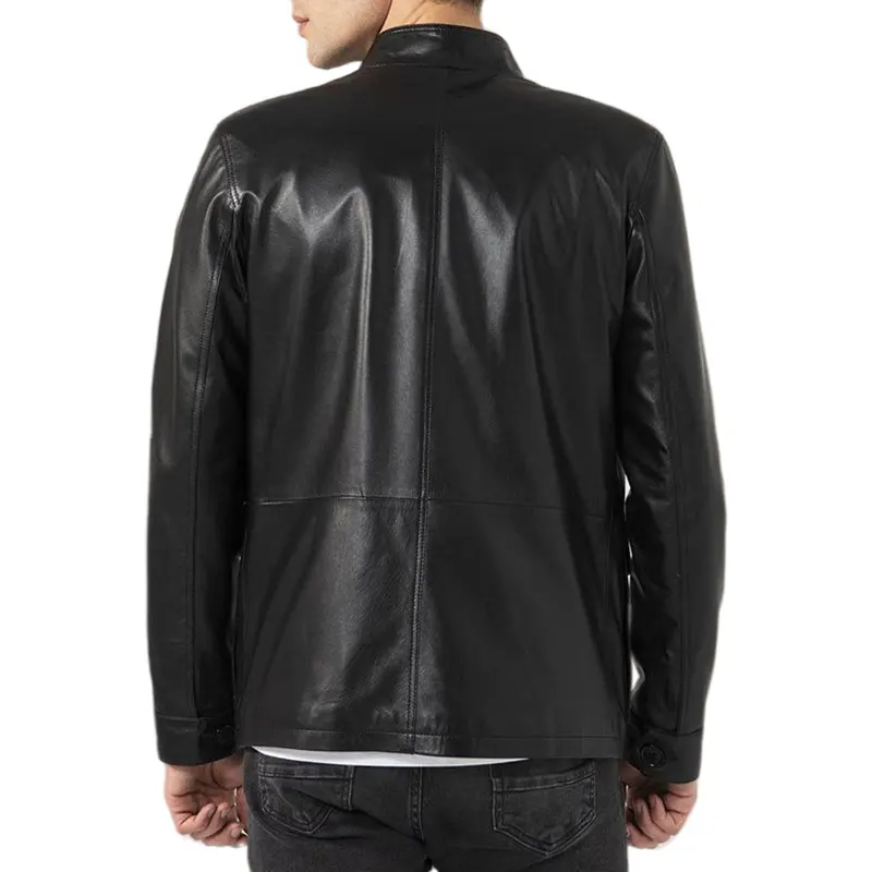 Men's Flap Pockets Black Leather Jacket - Image 3