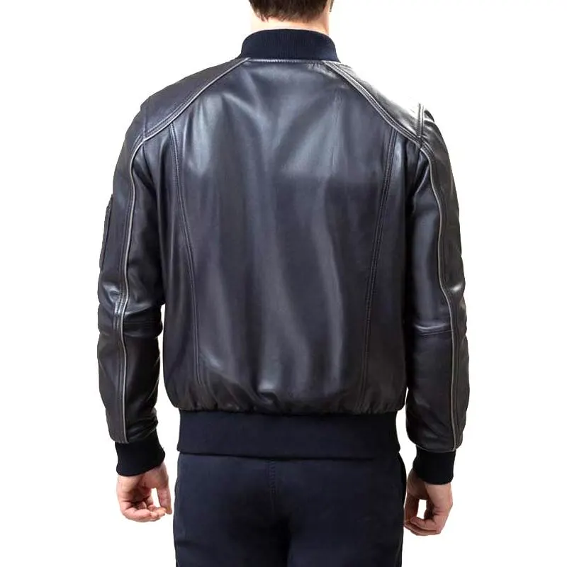 Men Black Leather Bomber Jacket - Image 2