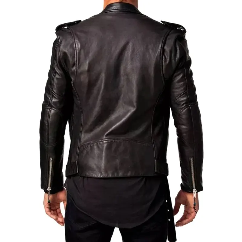 Men Black Slim Fit Biker Genuine Leather Jacket - Image 2