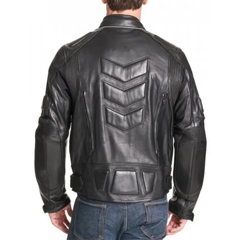 Men Padded Black Biker Leather Jacket - Image 3