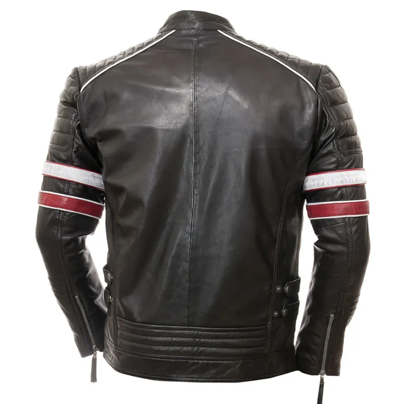 Men's Racing Biker Stripes Real Leather Casual Fit Jacket - Image 3