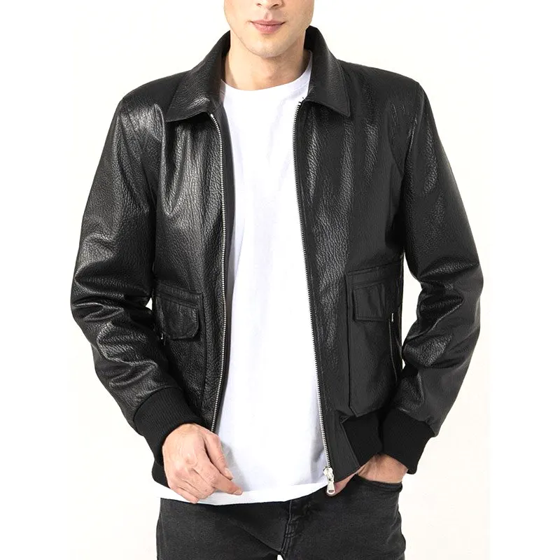 Men's Shirt Collar Black Leather Jacket
