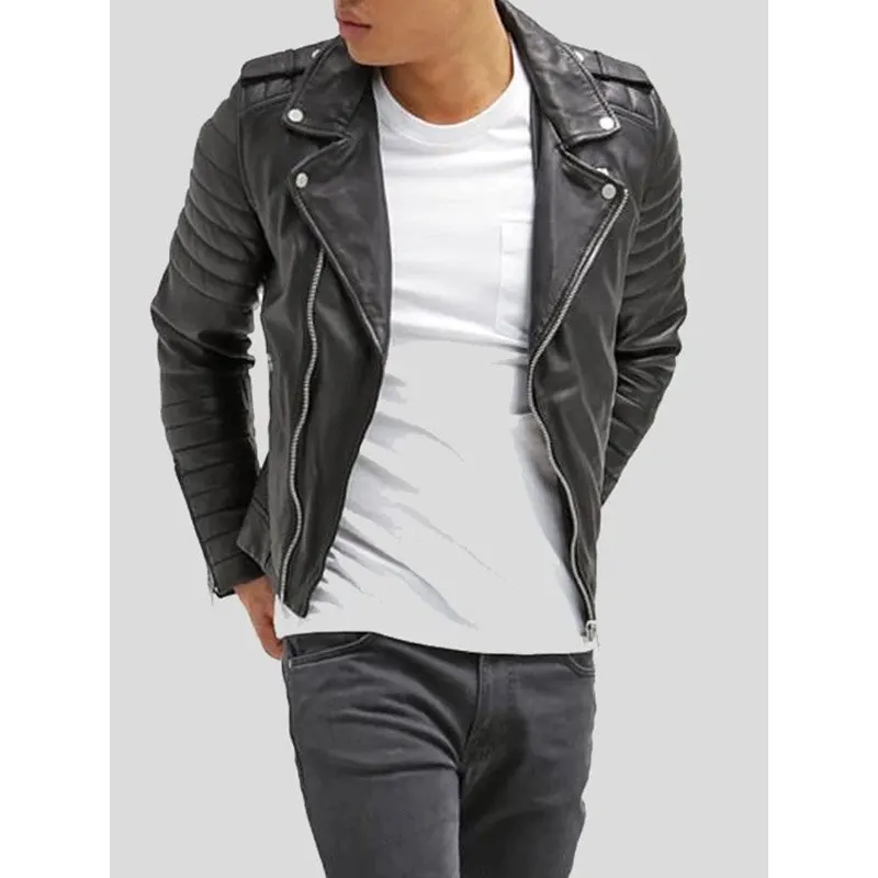 Men's Biker Black Slim Fit Leather Jacket - Image 2