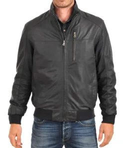 Men Standing Collar Leather Bomber Jacket