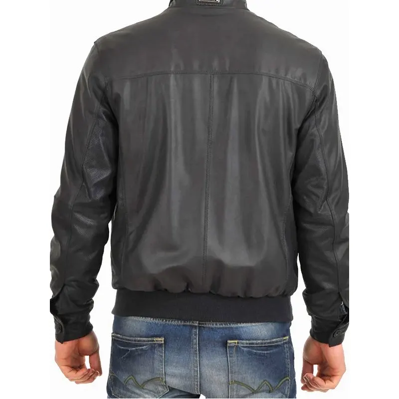 Men Standing Collar Leather Bomber Jacket - Image 2