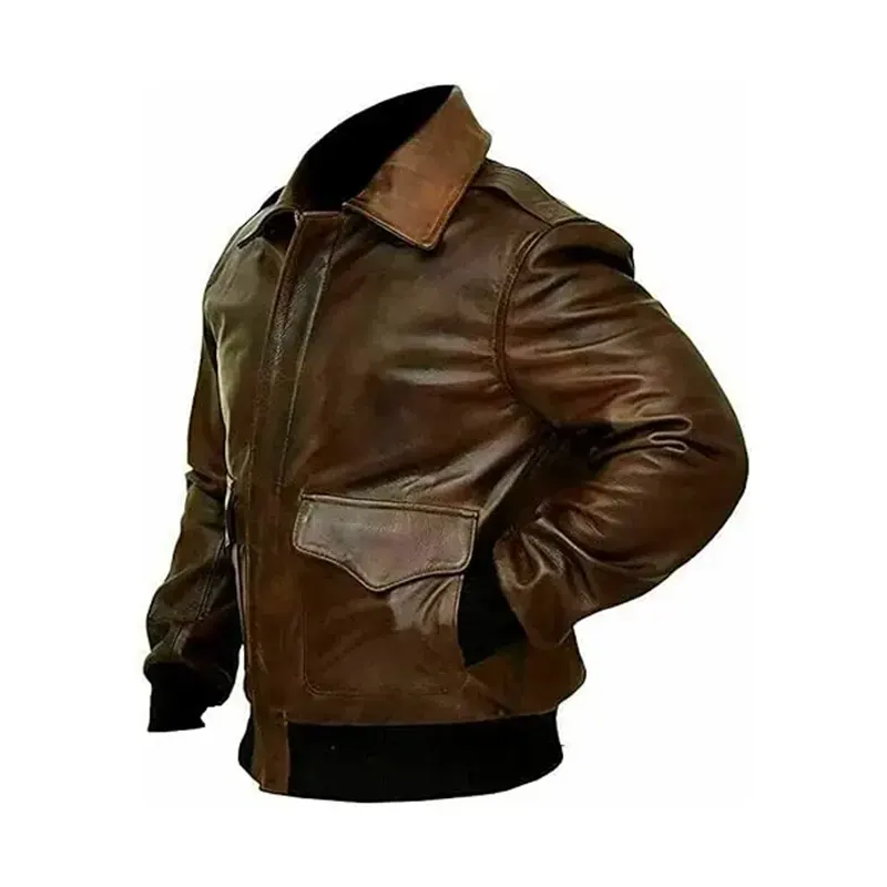 Mens A2 Aviator Flight US Navy Bomber Distressed Chocolate Brown Genuine Leather Jacket - Image 2