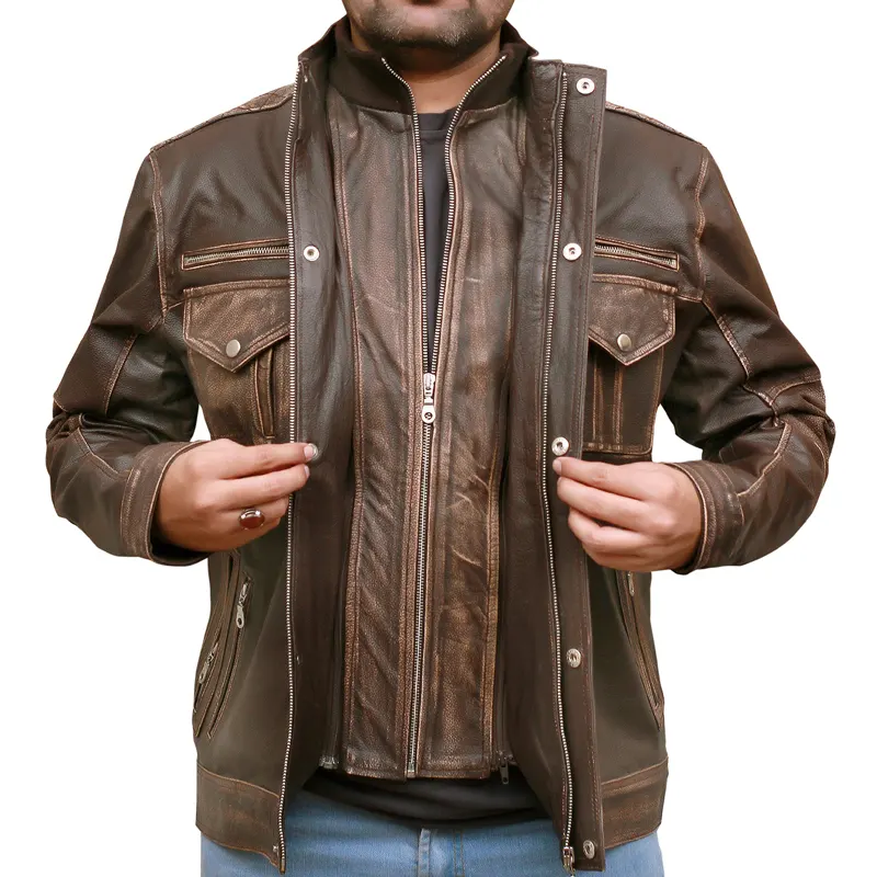Men's Biker Cafe Moto Racer Brown Genuine Leather Jacket - Image 2