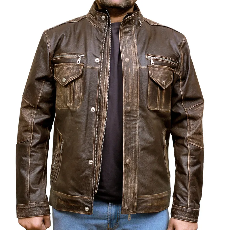 Men's Biker Cafe Moto Racer Brown Genuine Leather Jacket