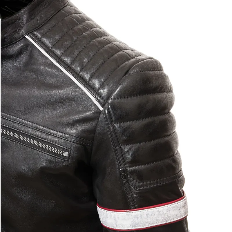 Men's Racing Biker Stripes Real Leather Casual Fit Jacket - Image 4