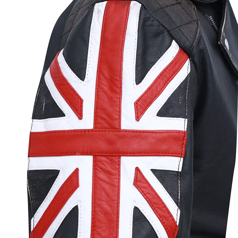 Union Jack Biker Vintage Black Leather Jacket For Mens - Image 3