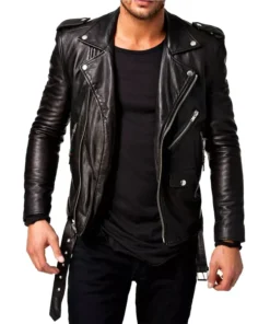 Men Black Slim Fit Biker Genuine Leather Jacket