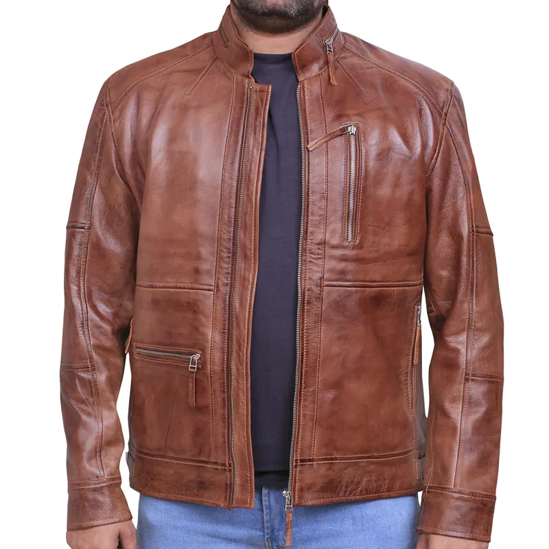 Men's Brown Vintage Cafe Racer Style Leather Jacket - Image 2