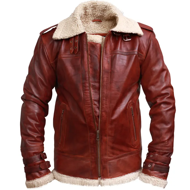 Men's Brown Shearling Stand Collar Real Leather Jacket - Image 2