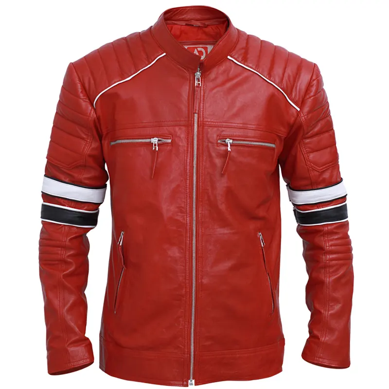 Men's Cafe Racer Red Striped Leather Jacket - Image 2