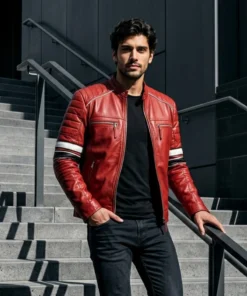 Men's Cafe Racer Red Striped Leather Jacket