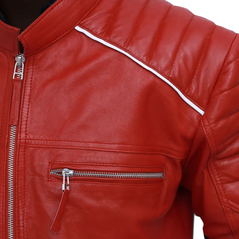 Men's Cafe Racer Red Striped Leather Jacket - Image 7