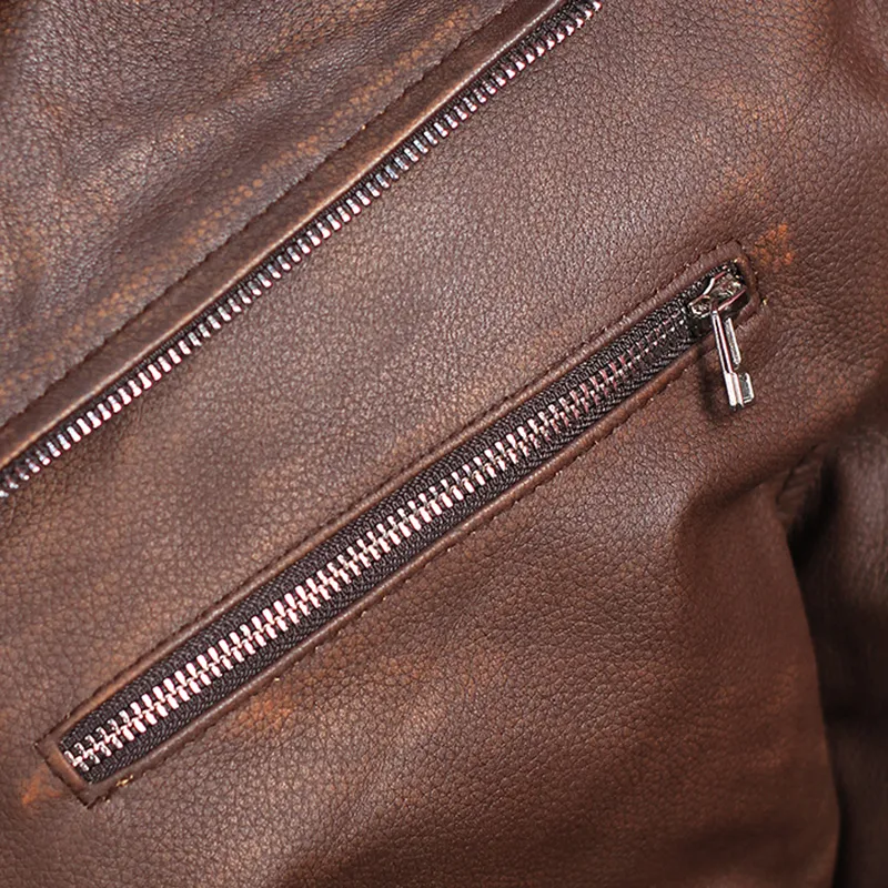 Men's Biker Brown Genuine Leather Jacket - Image 6