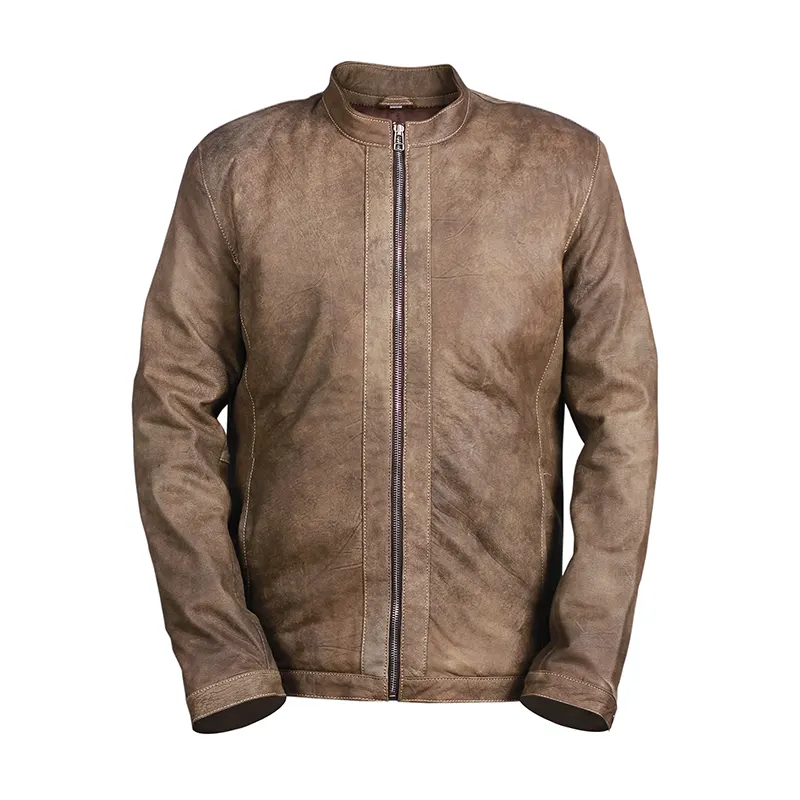 Men's Distressed Khaki Motorcycle Leather Jacket