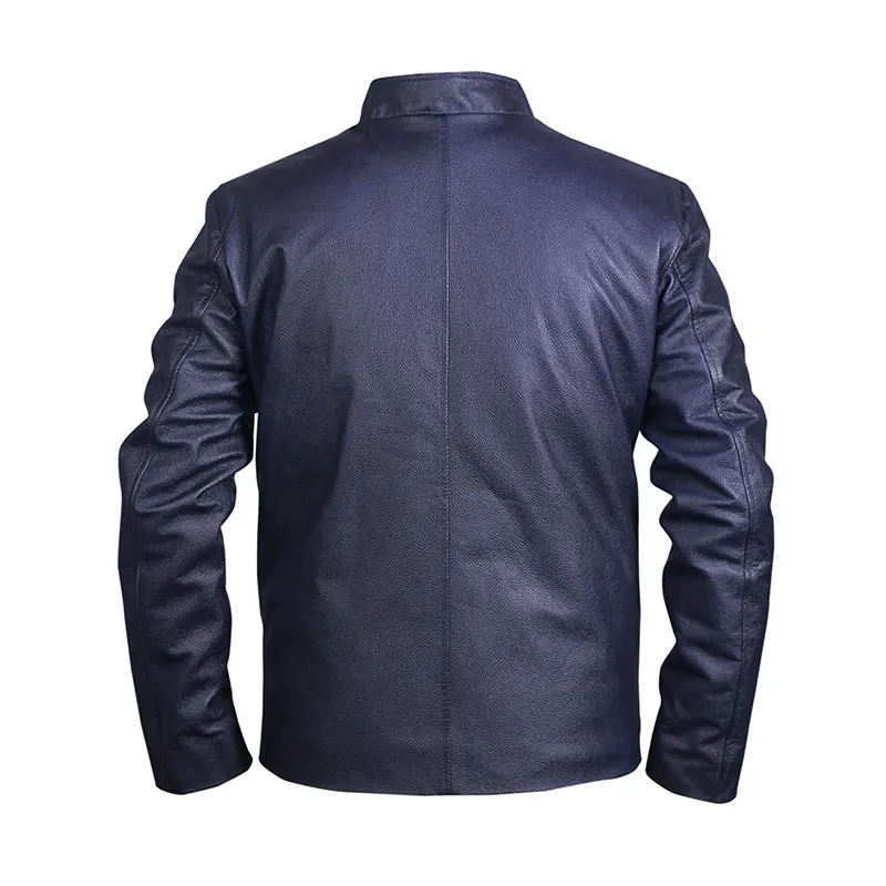 Men's Blue Motorcycle Trendy Leather Jacket - Image 2