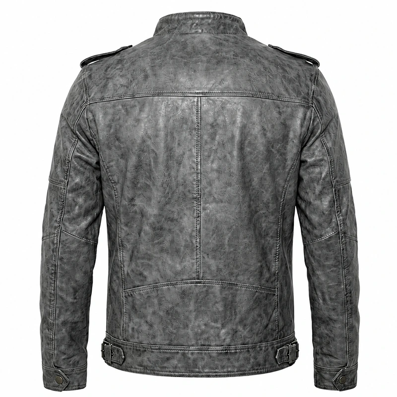 Mens Gray Military Distressed Leather Jacket - Image 2