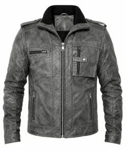 Mens Gray Military Distressed Leather Jacket