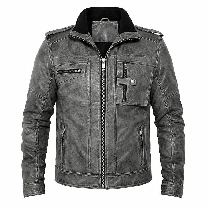 Mens Gray Military Distressed Leather Jacket