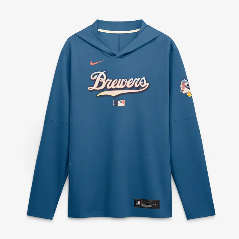 Mens Milwaukee Brewers Nike Blue 2026 City Connect Dri-FIT Long Sleeve Hooded T-Shirt