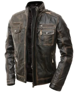 Men's Motorcycle Distressed Brown Cafe Racer Leather Jacket