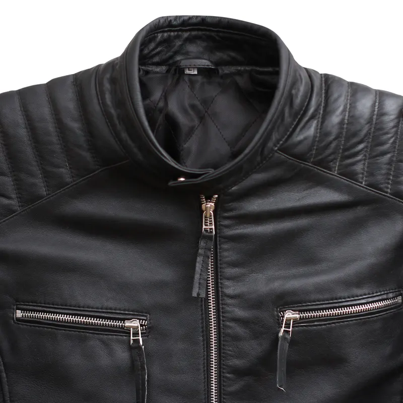 Men's Black Distressed Leather Biker Motorcycle Jacket - Image 5